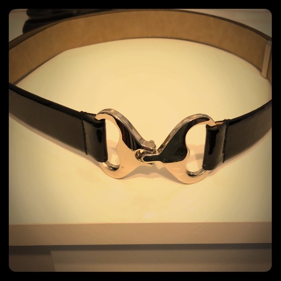 None Accessories - Adjustable black patent dress belt silver clasped